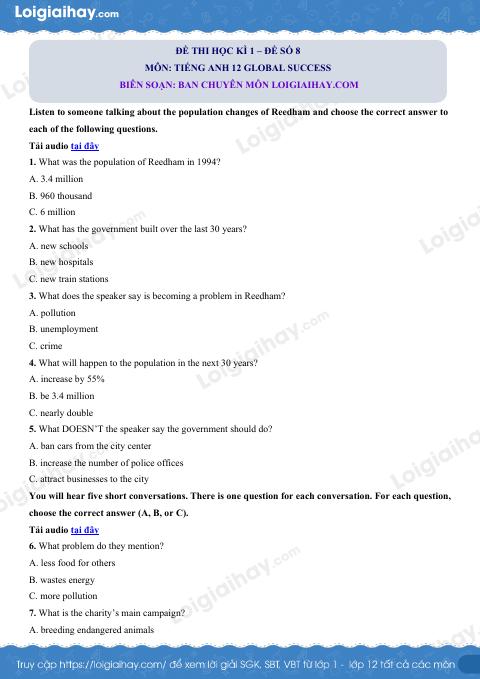 Đề thi học kì 1 Tiếng Anh 12 Global Success - Đề số 8